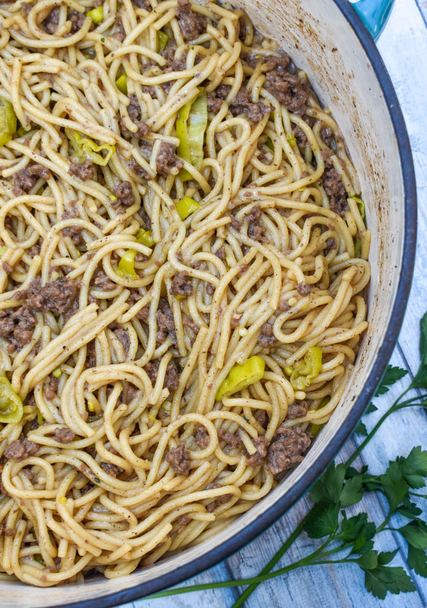 mississippi beef spaghetti in a large dutch oven