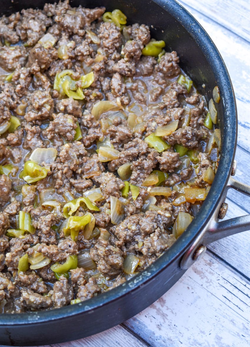 mississippi sloppy joe mixture in a black skillet