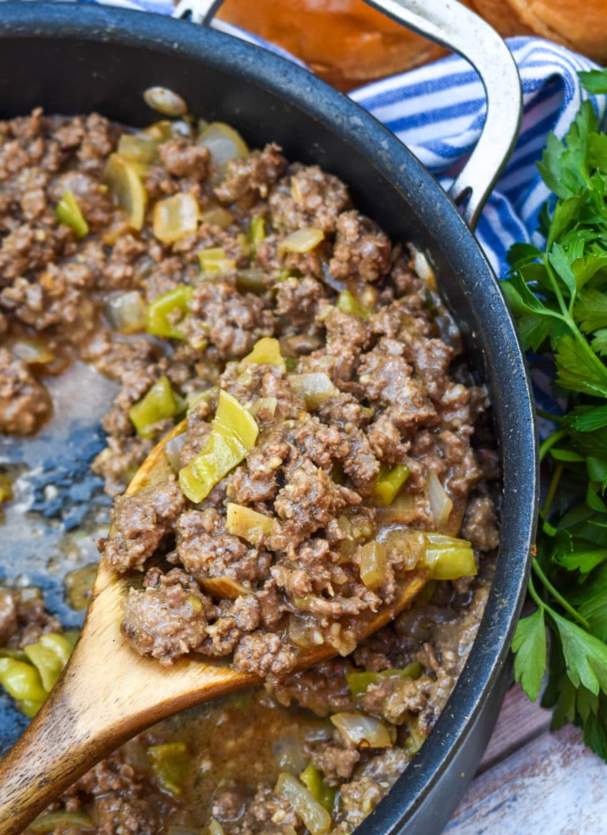mississippi sloppy joe mixture in a black skillet