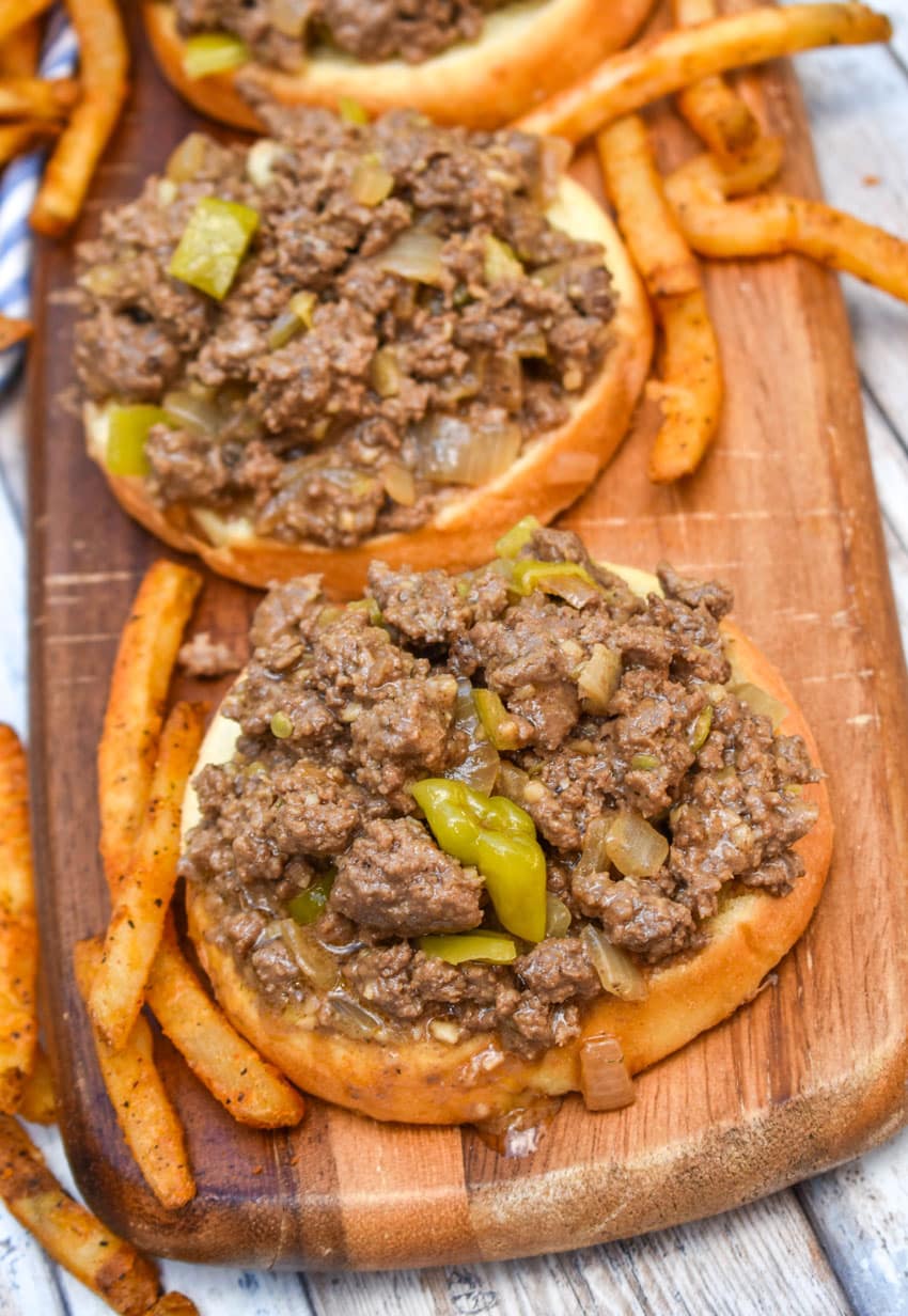 mississippi sloppy joe sandwiches on a wooden cutting board