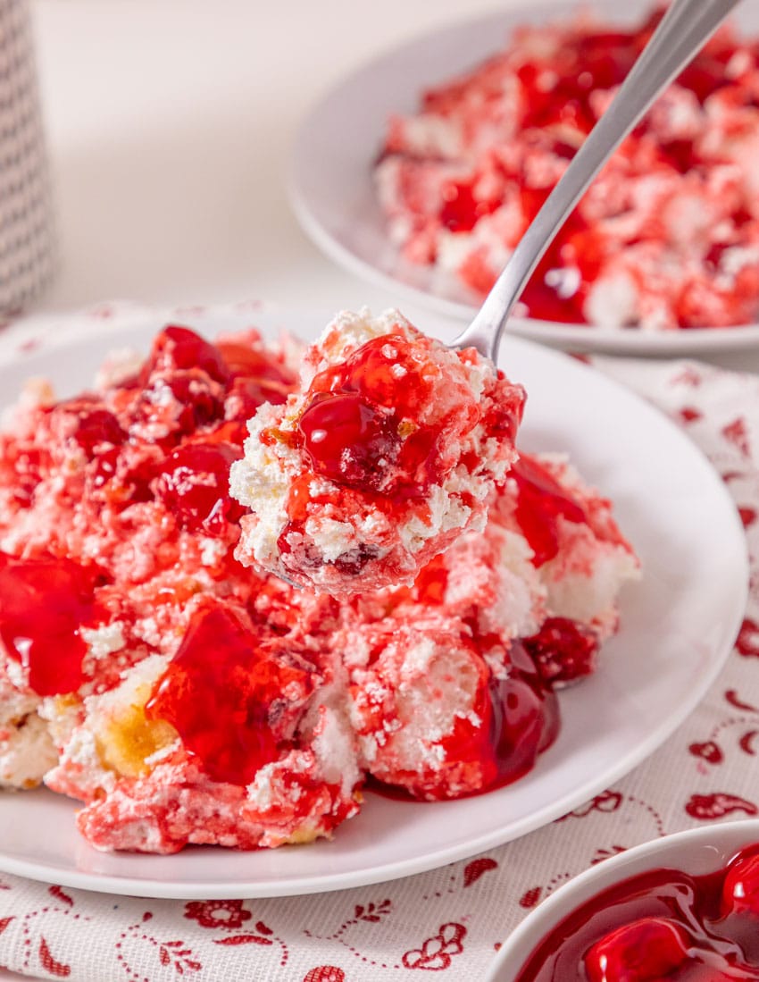old fashioned cherries in the snow dessert in two shallow white bowls