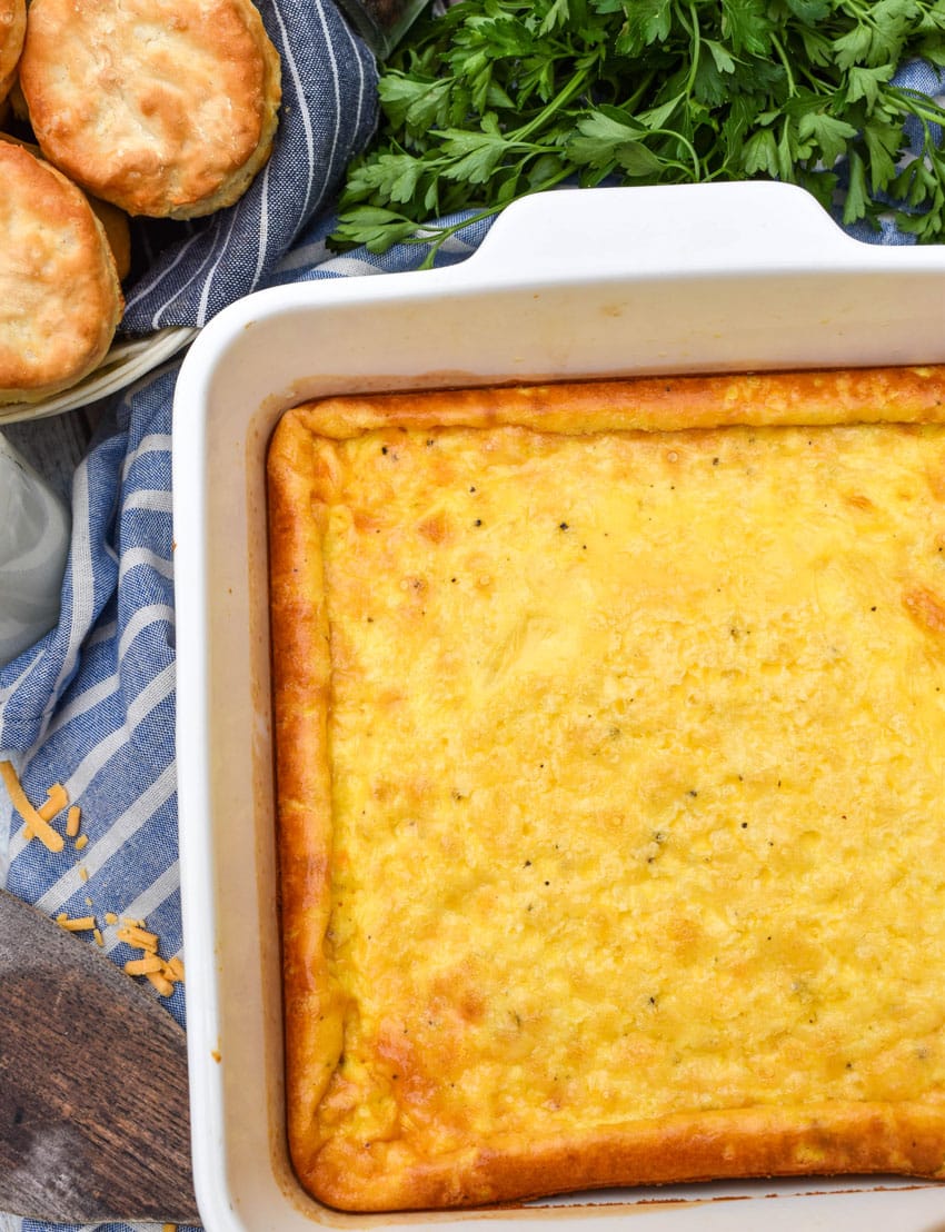 easy baked eggs in a white square casserole dish
