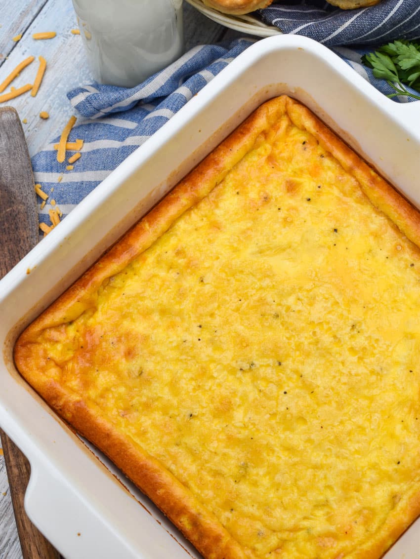 easy baked eggs in a white square casserole dish