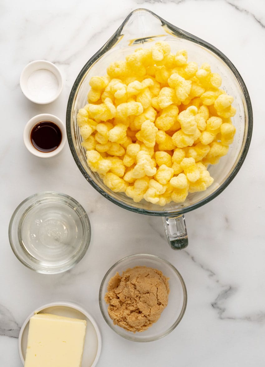 an overhead image showing the measured ingredients needed to make a batch of homemade bucee's beaver nuggets