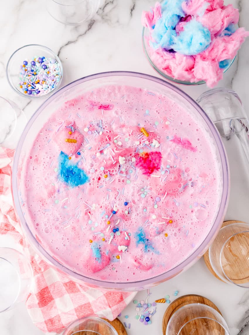 homemade unicorn punch in a large glass bowl