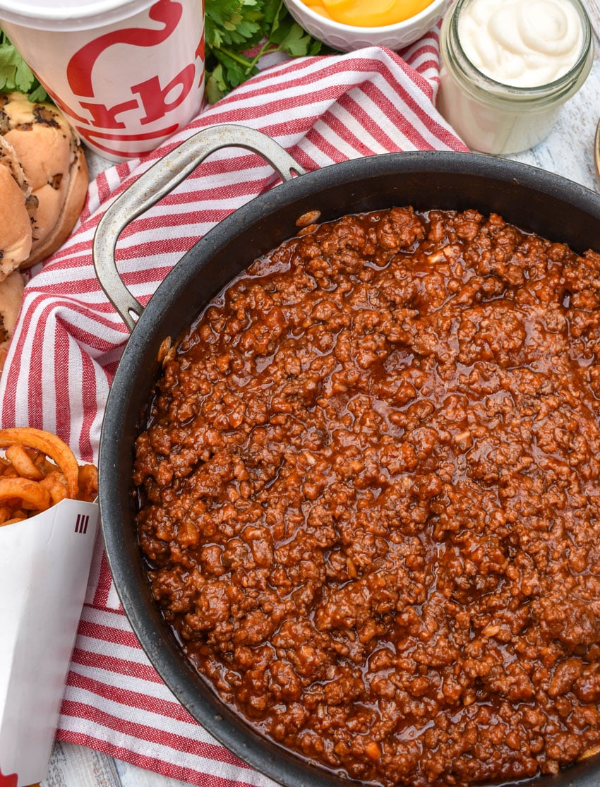 homemade sloppy joe meat mixture in a large black skillet