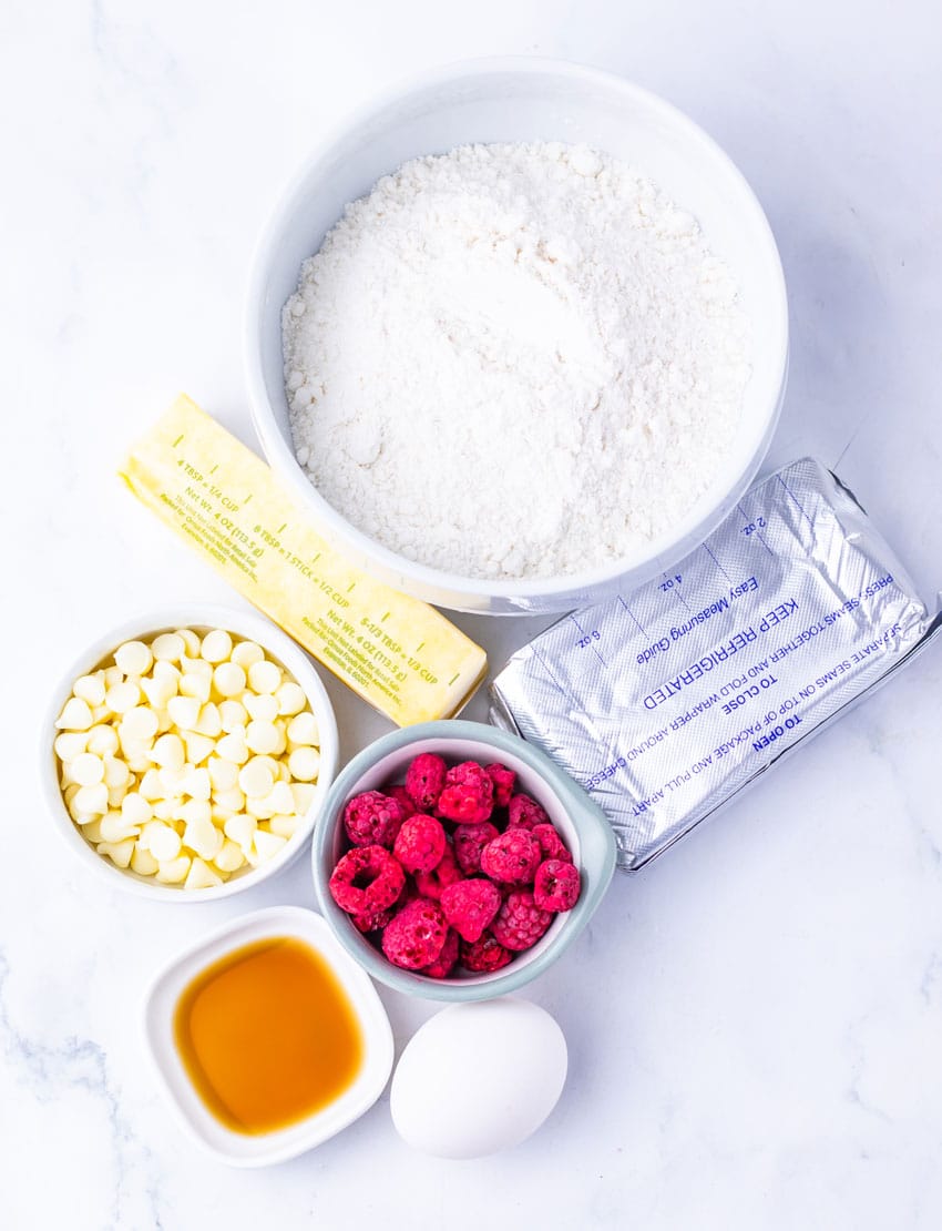 an overhead image showing the measured ingredients needed to make a batch of copycat Subway raspberry cheesecake cookies