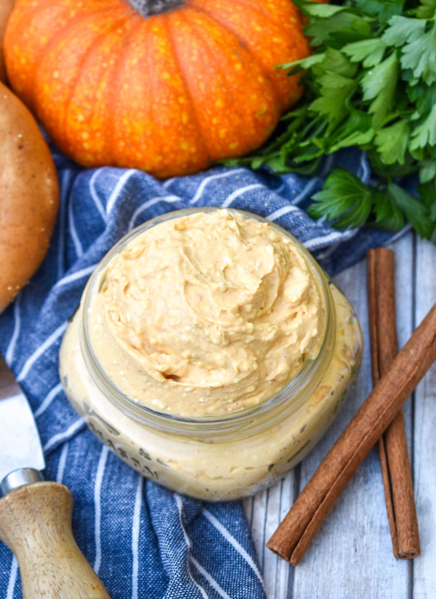 homemade pumpkin cream cheese spread in a small glass jar