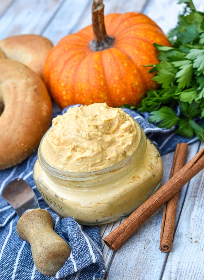 homemade pumpkin cream cheese spread in a small glass jar