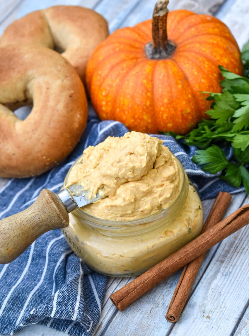 homemade pumpkin cream cheese spread in a small glass jar