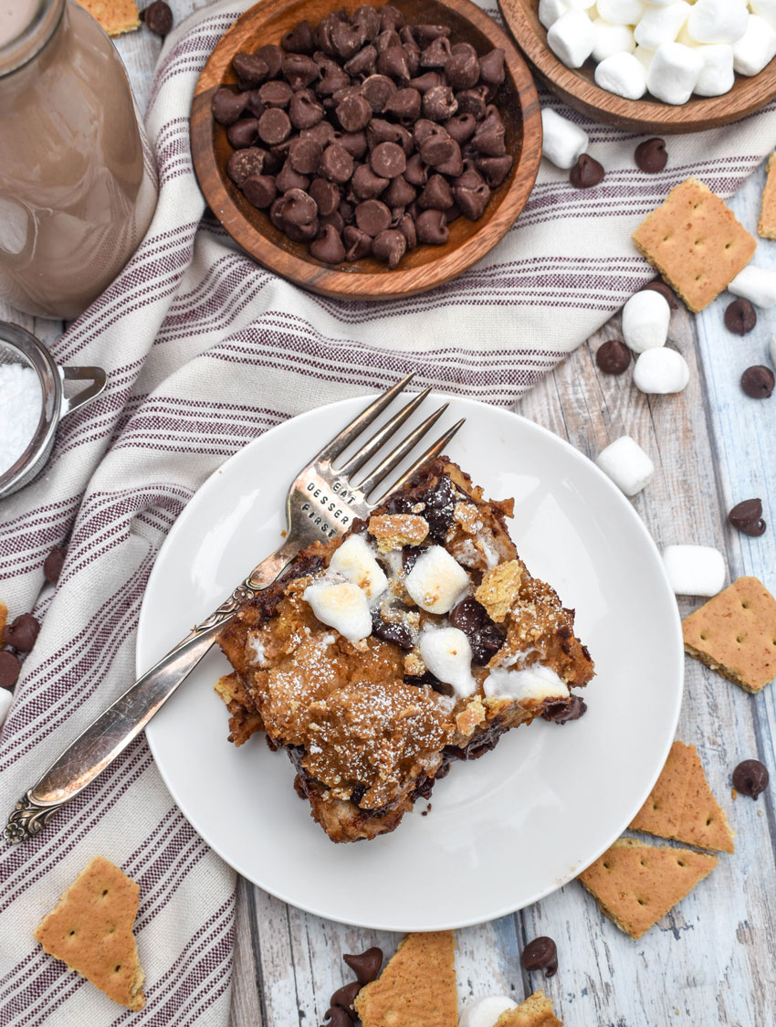 a slice of s'mores french toast bake on a small white plate