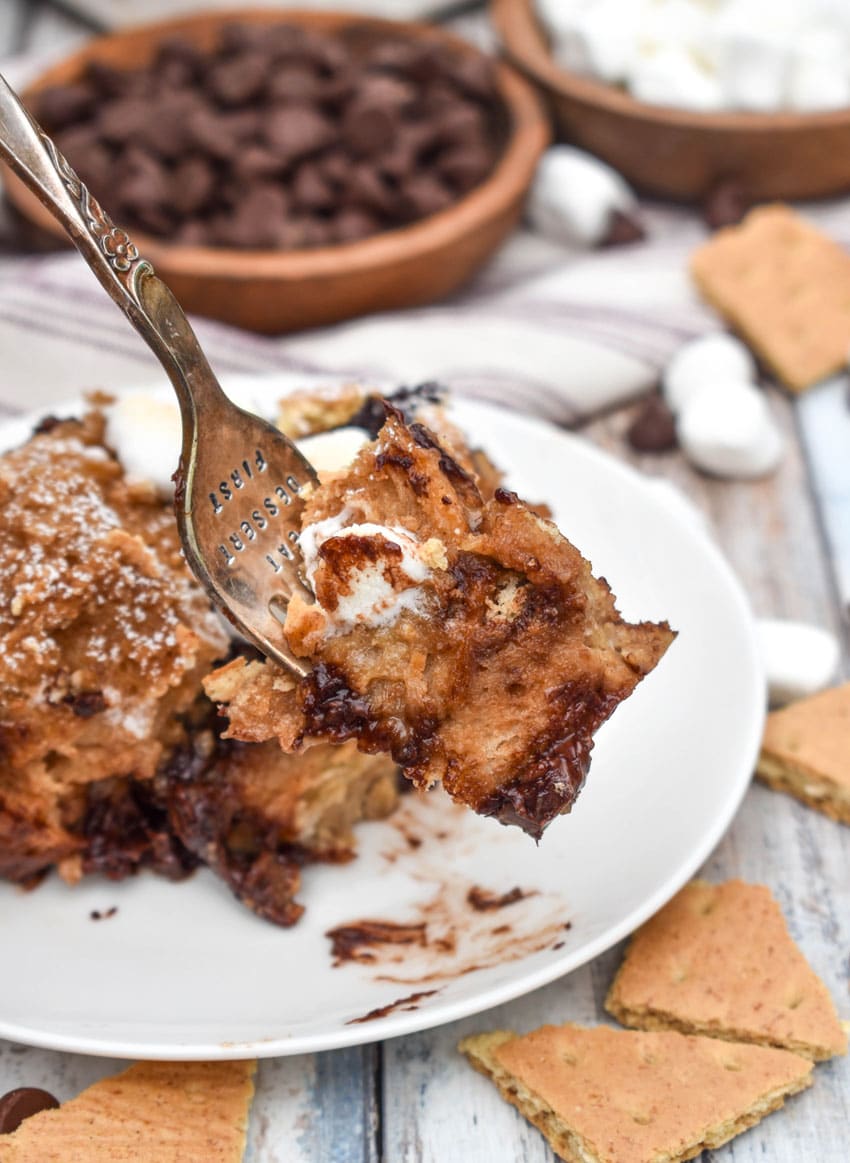 a slice of s'mores french toast bake on a small white plate