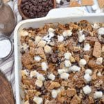 a s'mores french toast bake in a white square baking dish