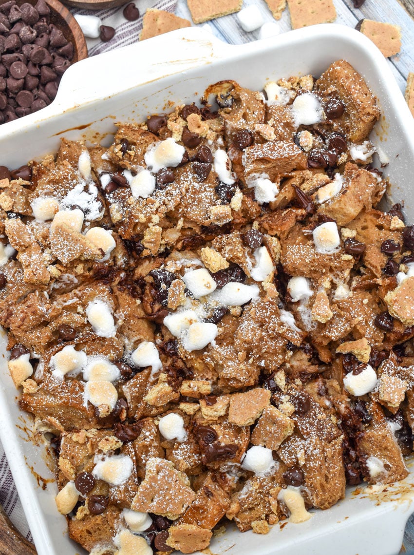 a s'mores french toast bake in a white square baking dish