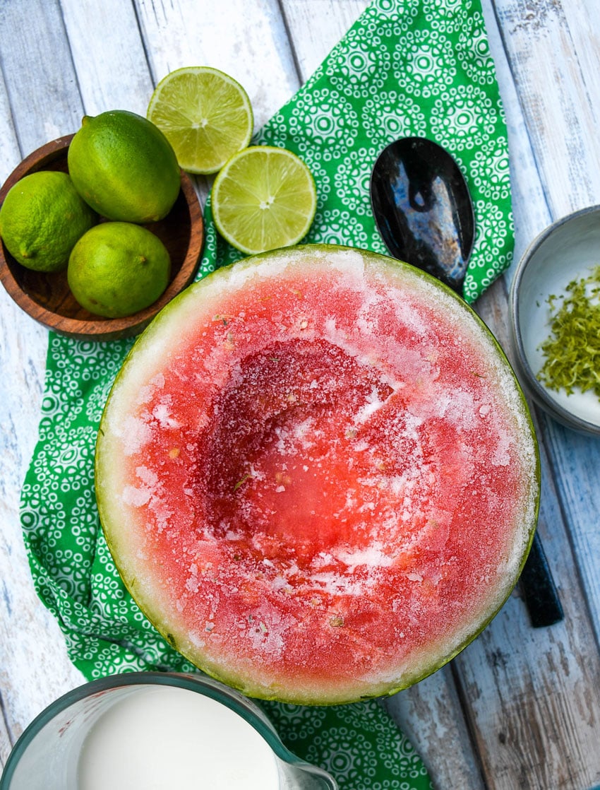 an overhead image showing the measured ingredients needed to make a batch of the viral tiktok watermelon ice cream