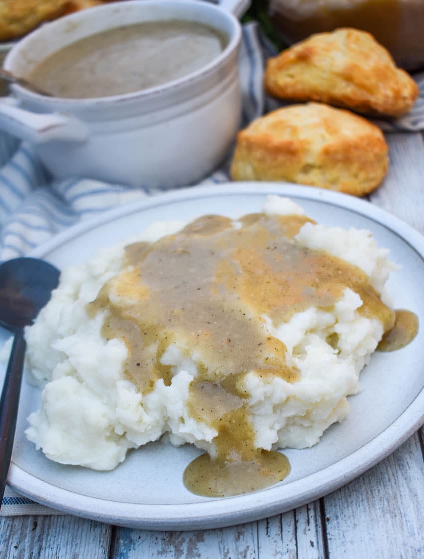 quick and easy chicken gravy over creamy mashed potatoes on a white plate