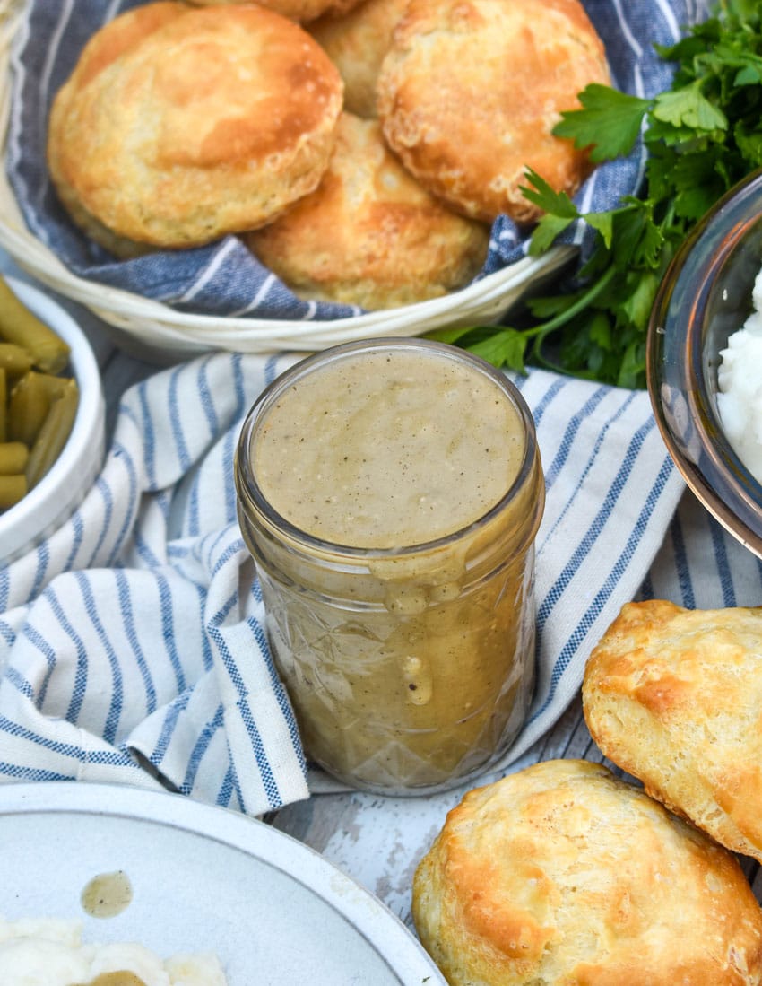 easy homemade chicken gravy in a small glass jar