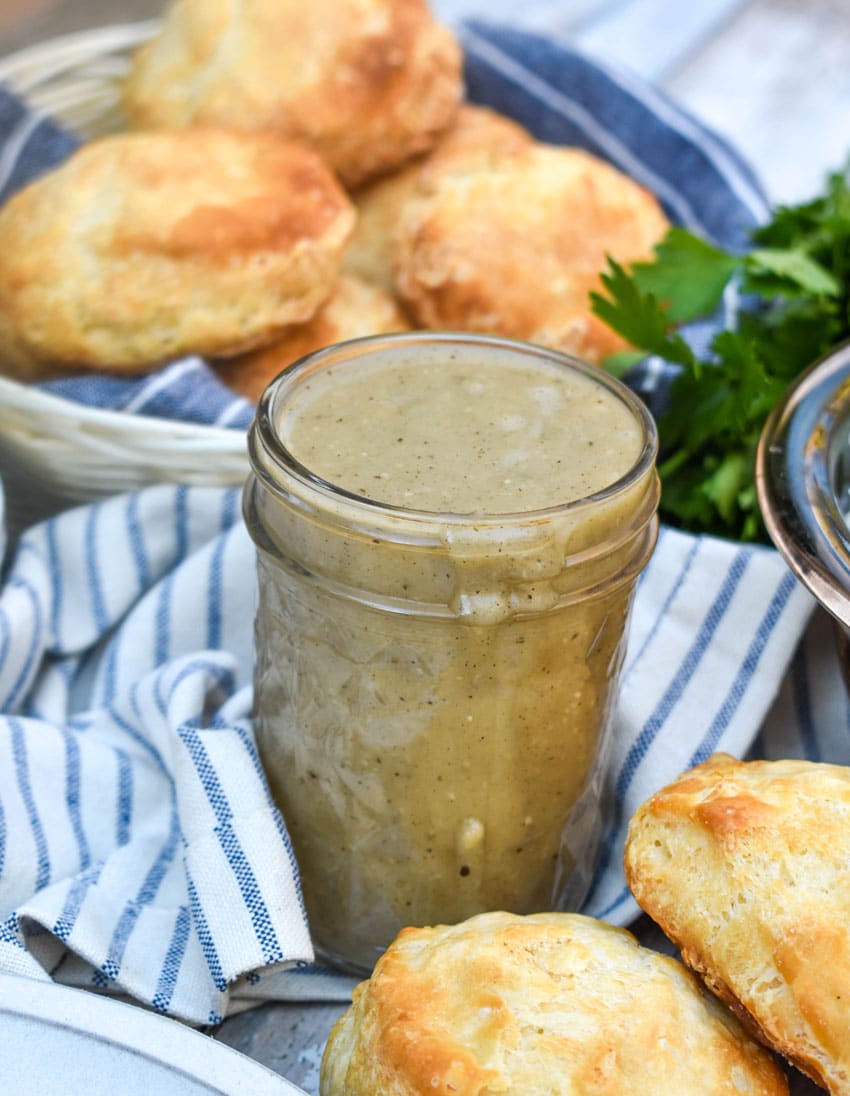 easy homemade chicken gravy in a small glass jar