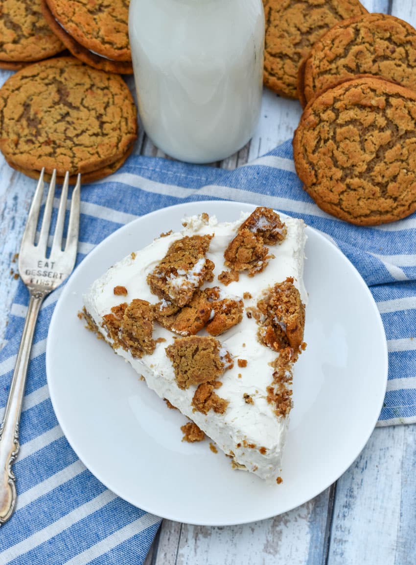a slice of no bake oatmeal creme pie cheesecake on a small white dessert plate