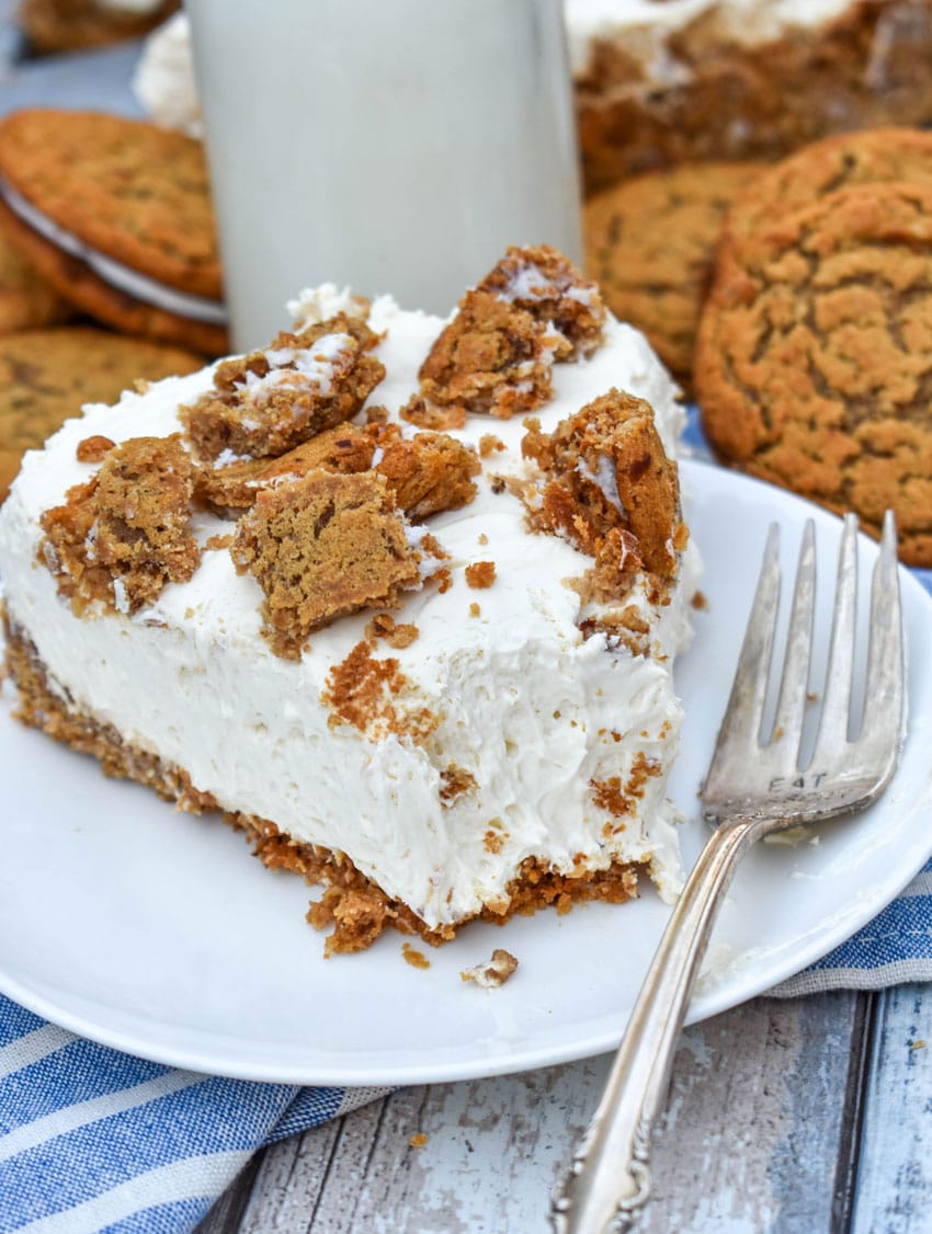 a slice of no bake oatmeal creme pie cheesecake on a small white dessert plate