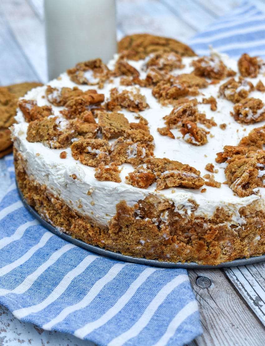 a close up of the crust of a no bake oatmeal creme pie cheesecake