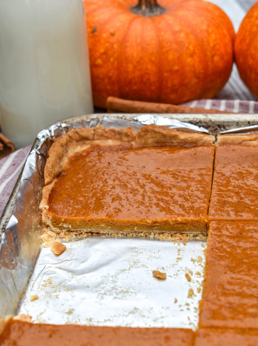 pumpkin slab pie on a foil lined baking sheet