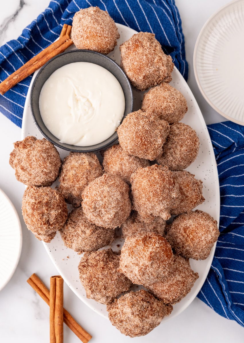 copycat Denny's pancake puppies on a white serving tray