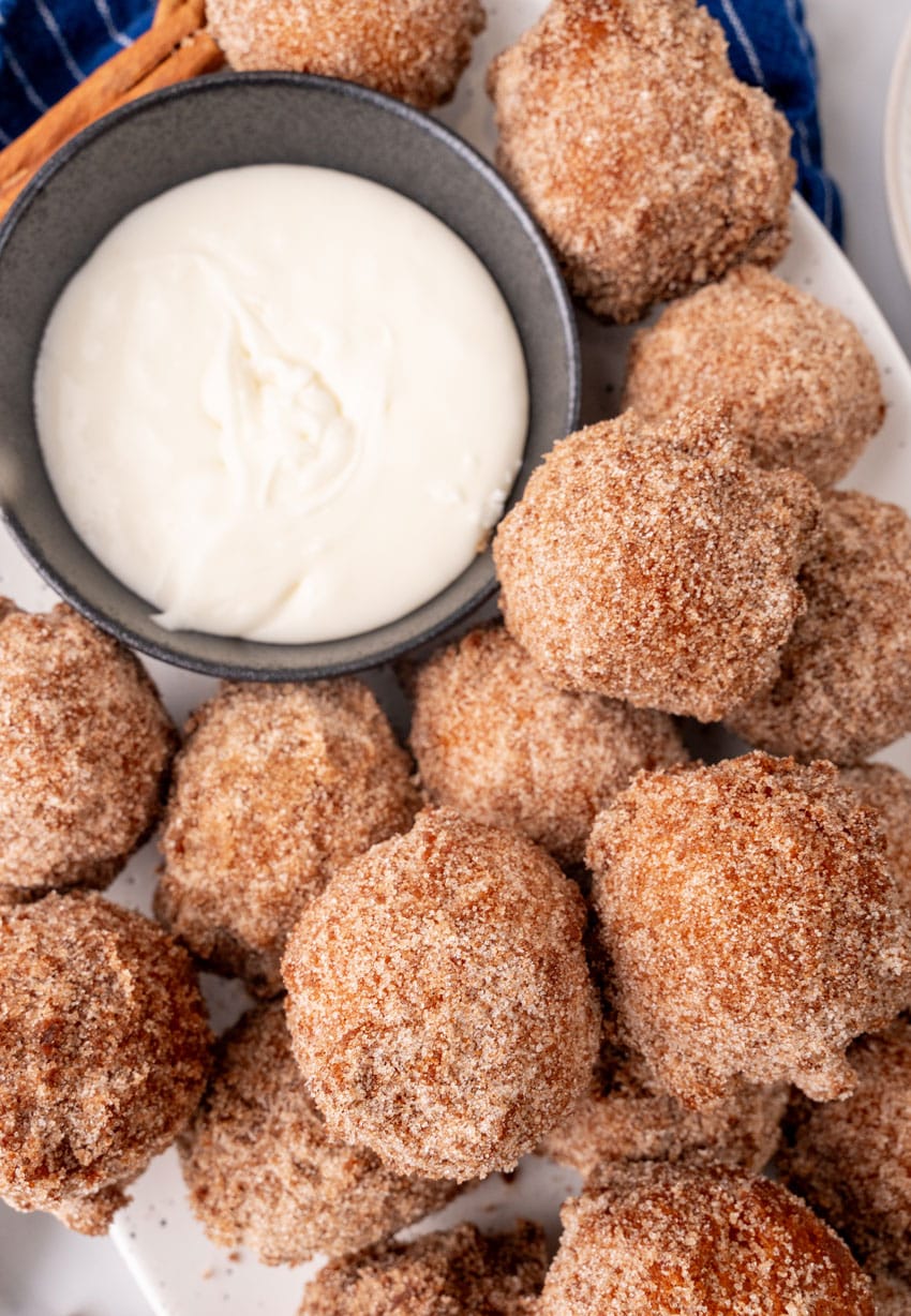 copycat Denny's pancake puppies on a white serving tray
