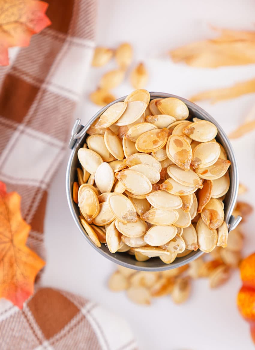 homemade roasted pumpkin seeds in a small metal pail