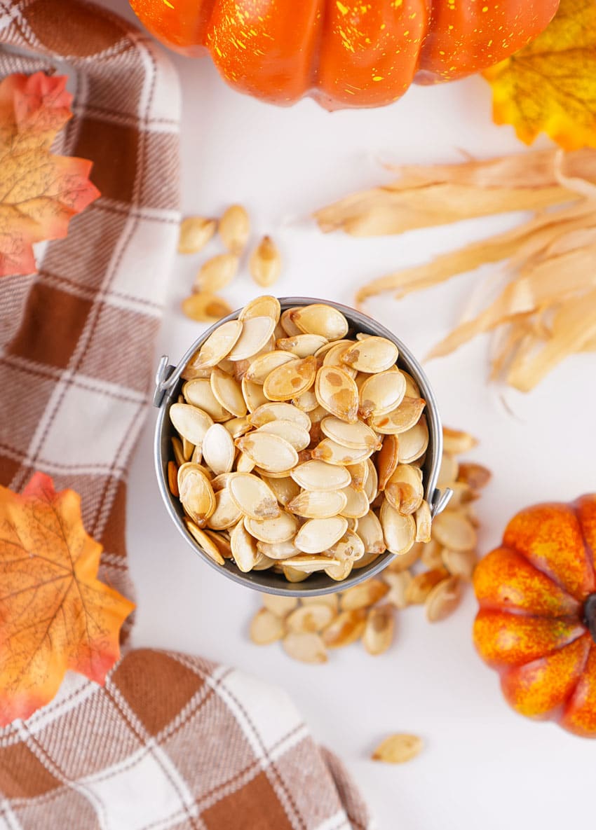 homemade roasted pumpkin seeds in a small metal pail