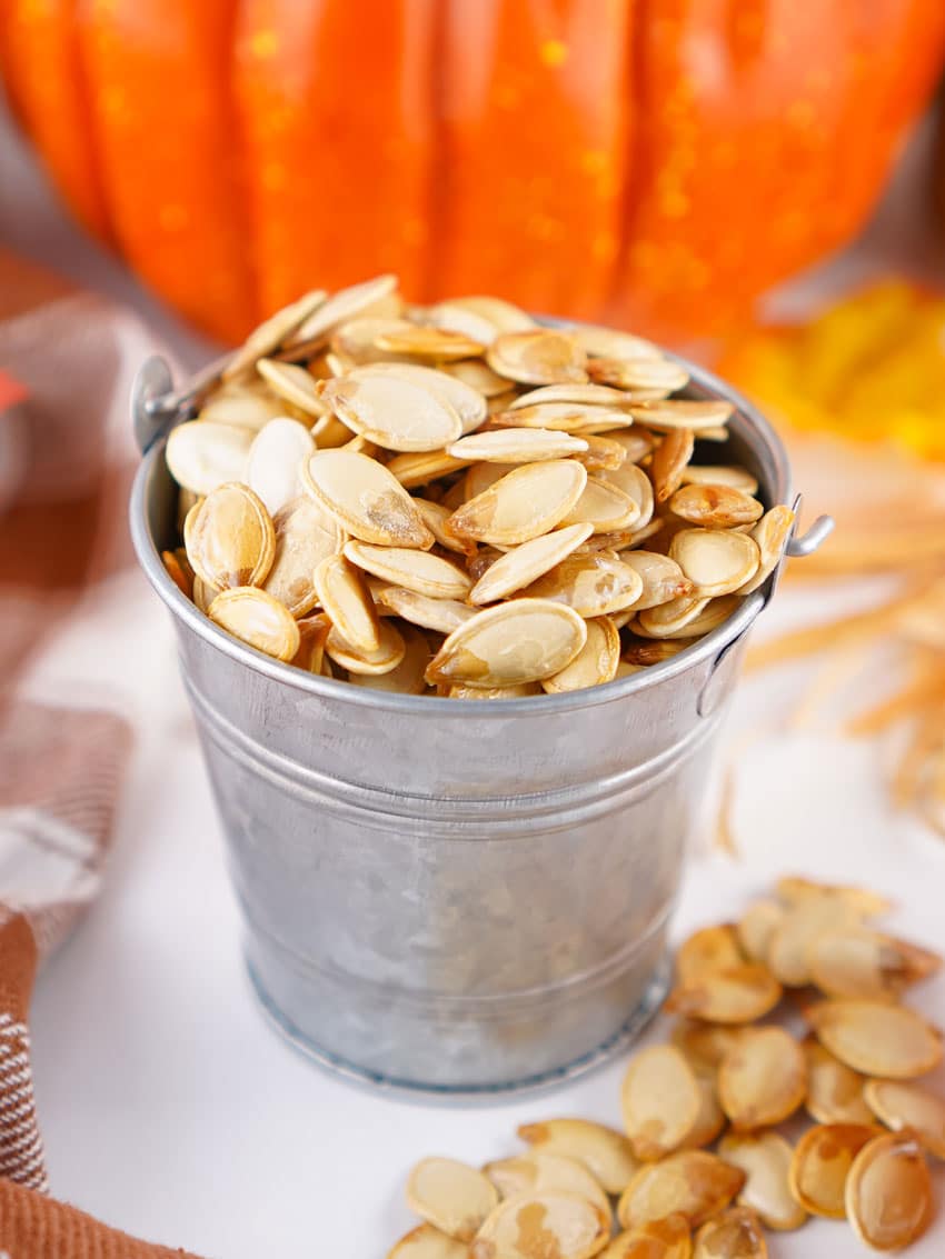 homemade roasted pumpkin seeds in a small metal pail