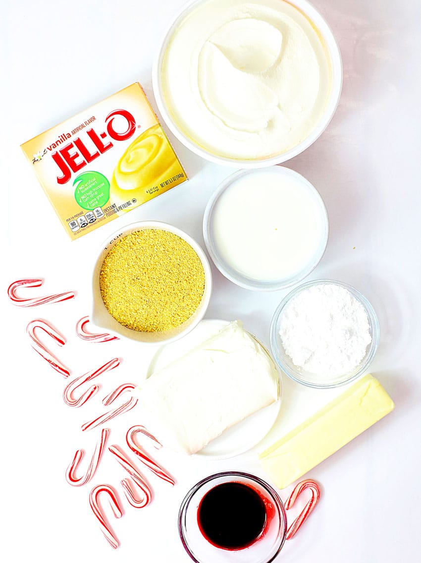 an overhead image showing the measured ingredients needed to make a layered candy cane lush dessert