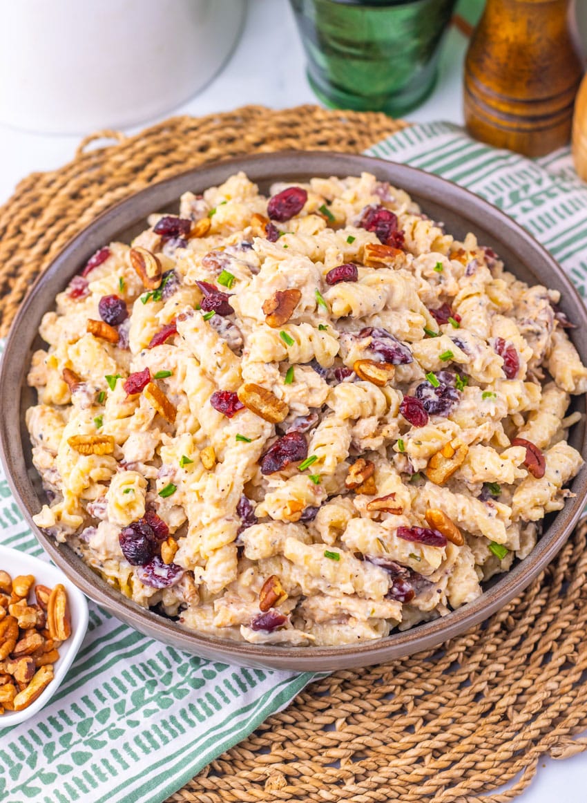 Cranberry White Cheddar Chicken Pasta in a shallow gray bowl