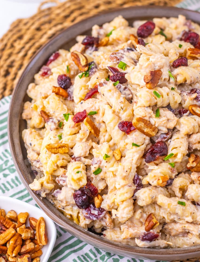 Cranberry White Cheddar Chicken Pasta in a shallow gray bowl