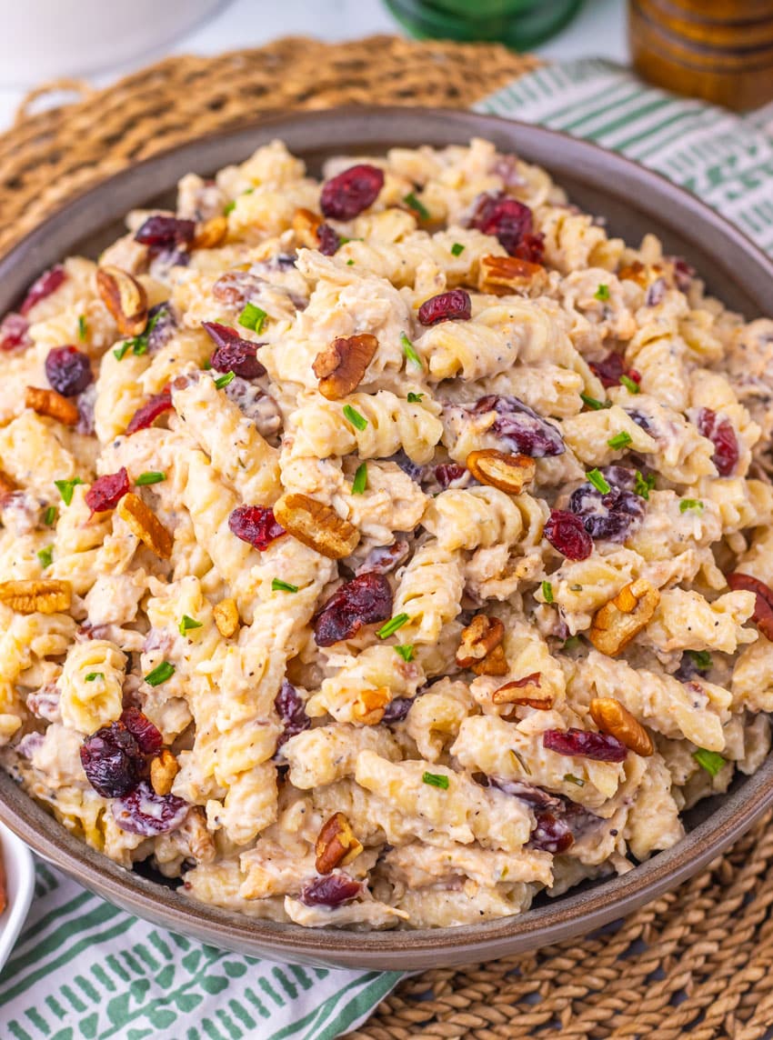 Cranberry White Cheddar Chicken Pasta in a shallow gray bowl