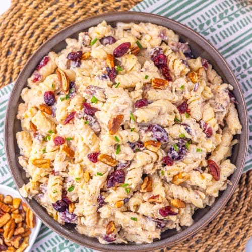 Cranberry White Cheddar Chicken Pasta in a shallow gray bowl