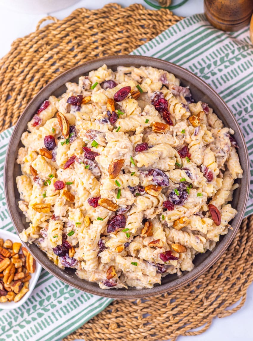 Cranberry White Cheddar Chicken Pasta in a shallow gray bowl