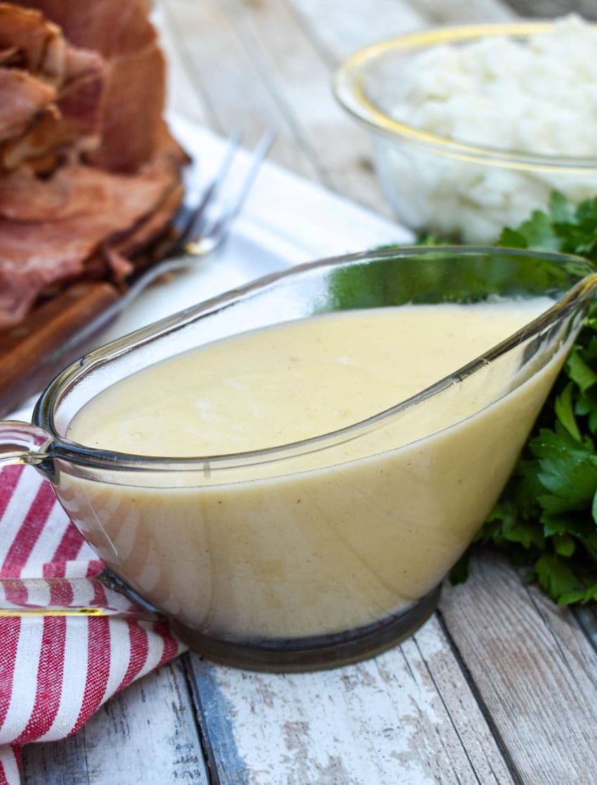 easy ham gravy in a glass gravy boat