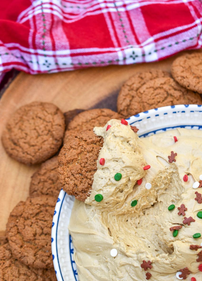 a gingersnap cookie topped with gingerbread cheesecake dip resting on the edge of a white serving bowl