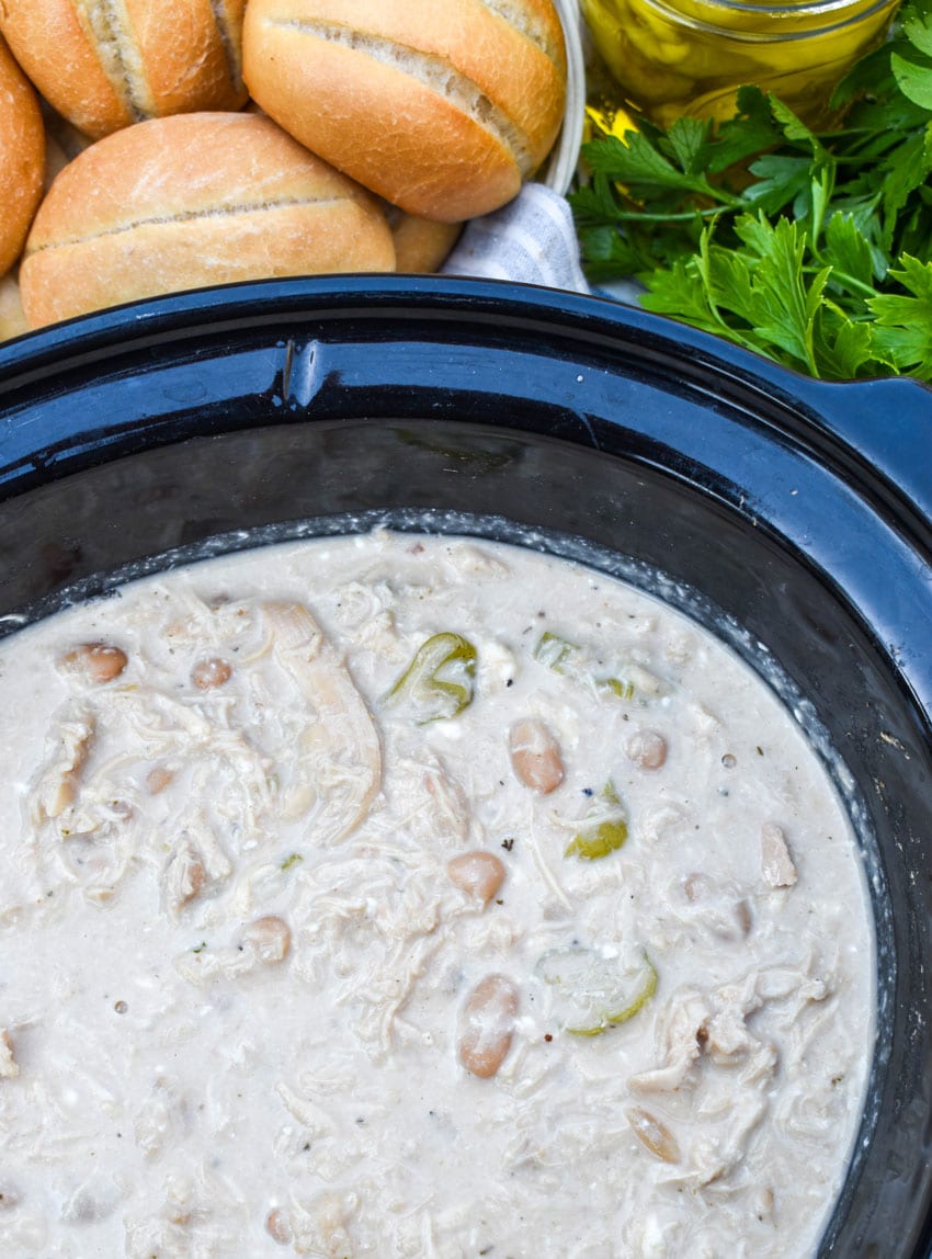 mississippi chicken chili in the black bowl of a slow cooker