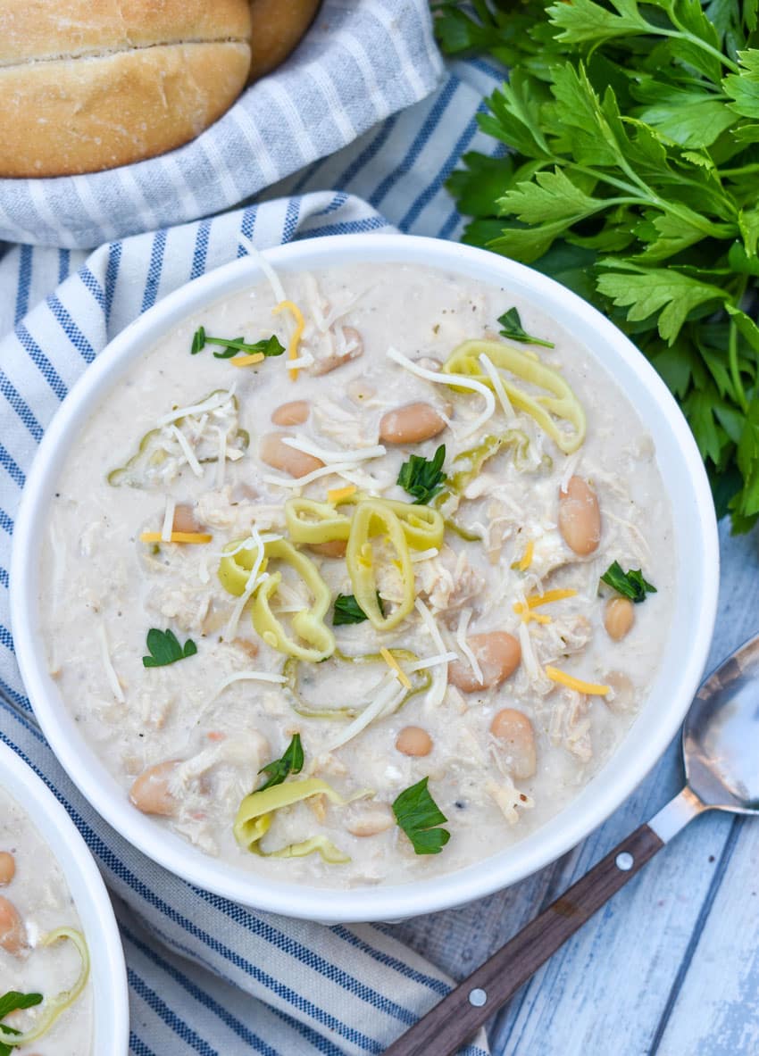 slow cooker mississippi chicken chili in a small white bowl