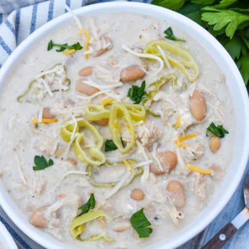 slow cooker mississippi chicken chili in a small white bowl