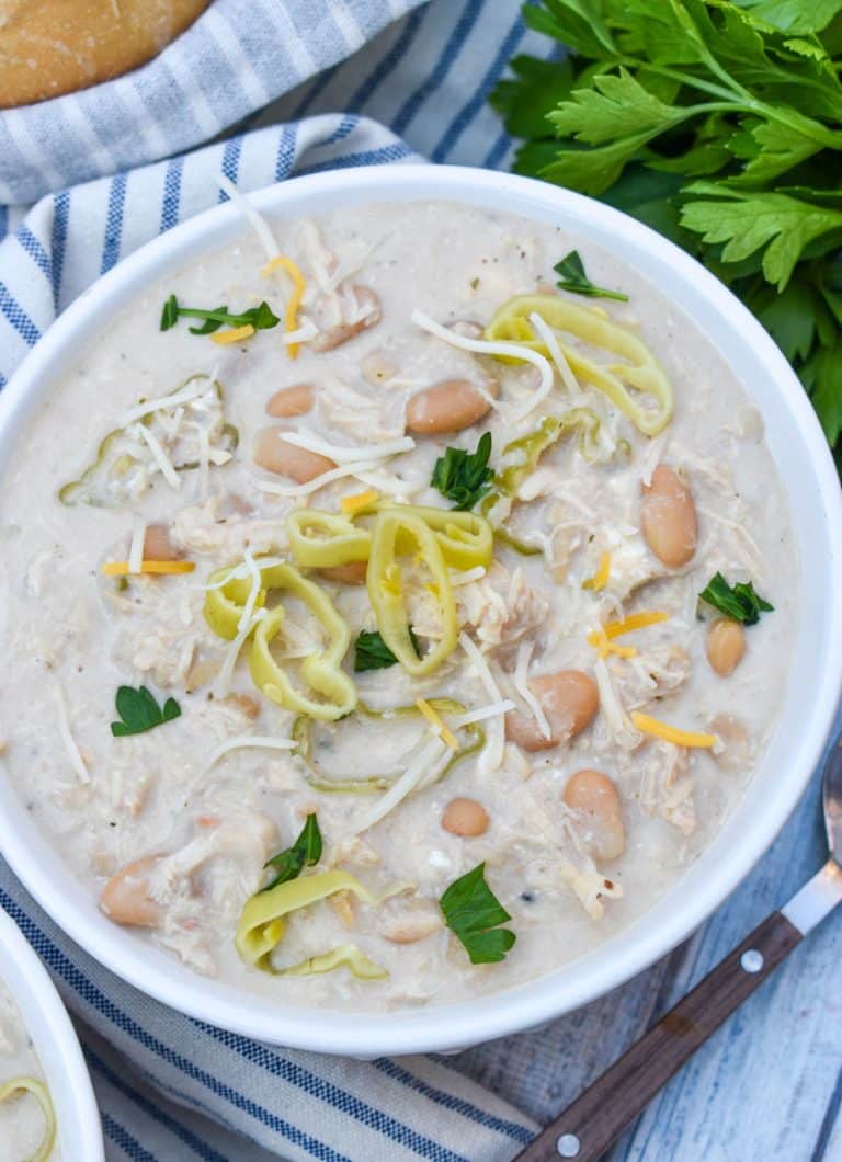 slow cooker mississippi chicken chili in a small white bowl