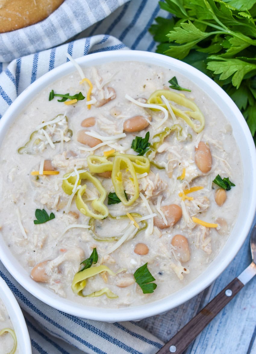 slow cooker mississippi chicken chili in a small white bowl