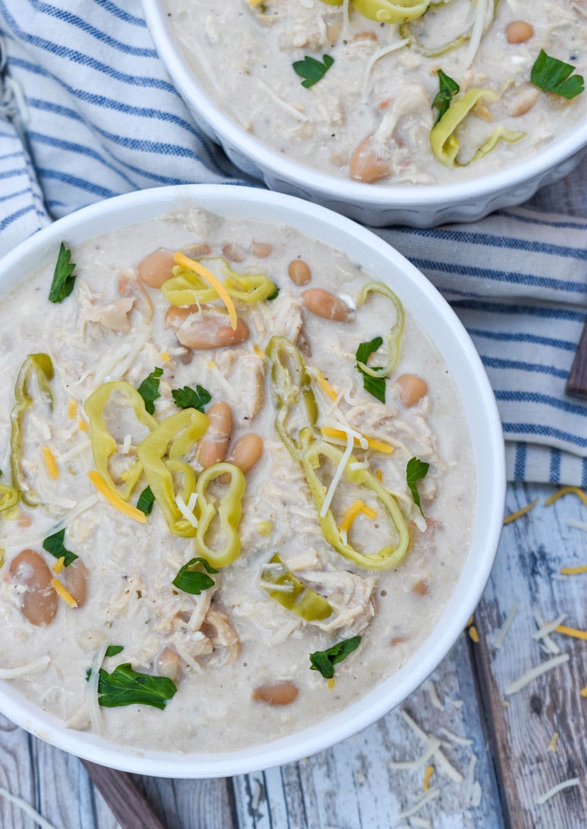 slow cooker mississippi chicken chili in a small white bowl