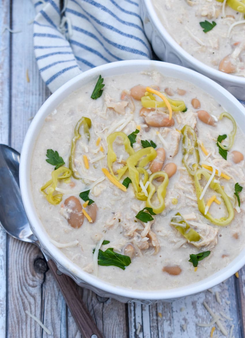 slow cooker mississippi chicken chili in a small white bowl
