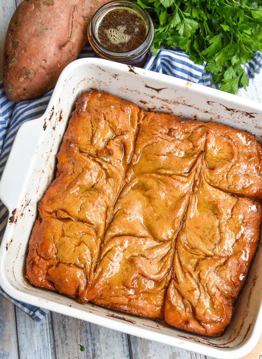 sweet potato butter swim biscuits in a white baking dish