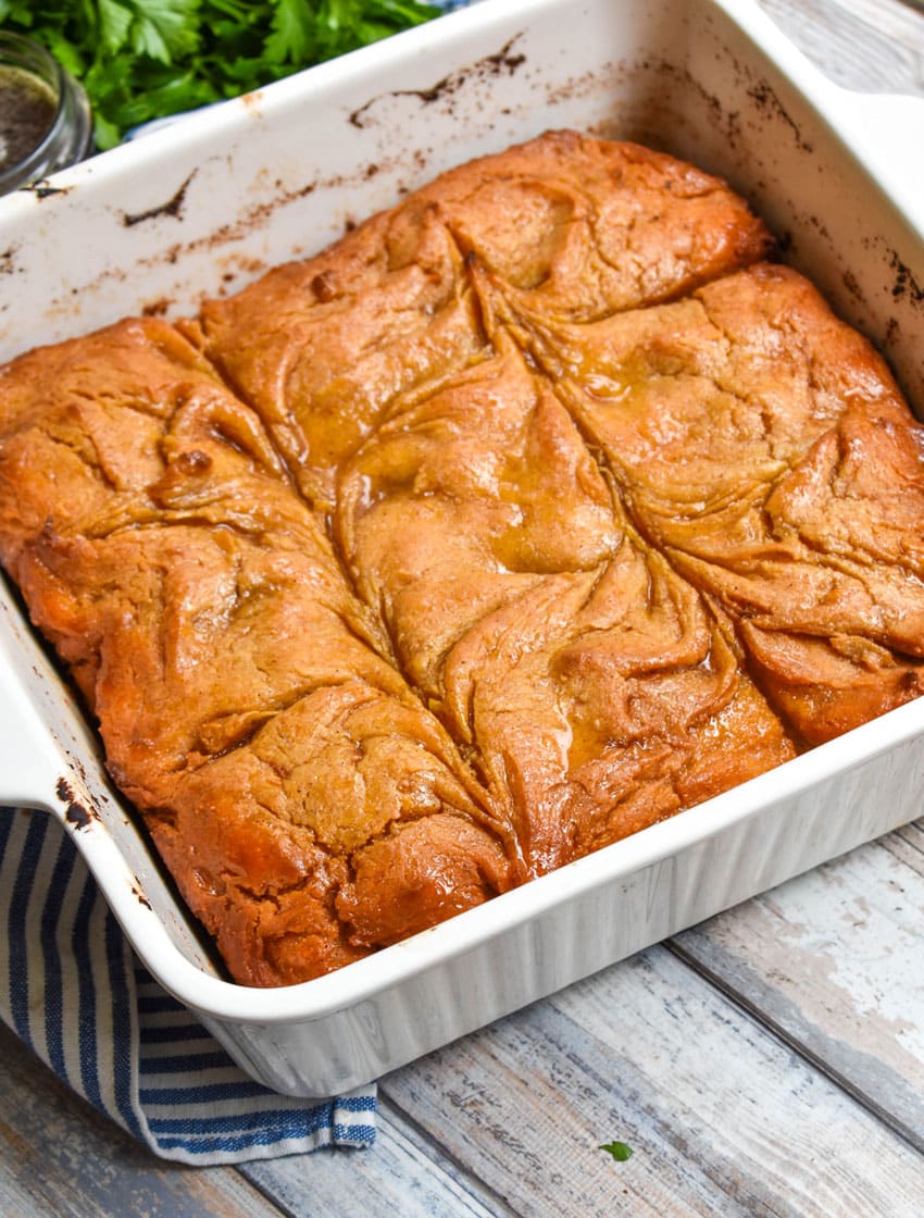 sweet potato butter swim biscuits in a white baking dish
