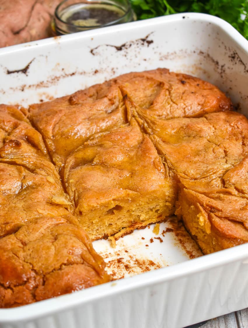 sweet potato butter swim biscuits in a white baking dish